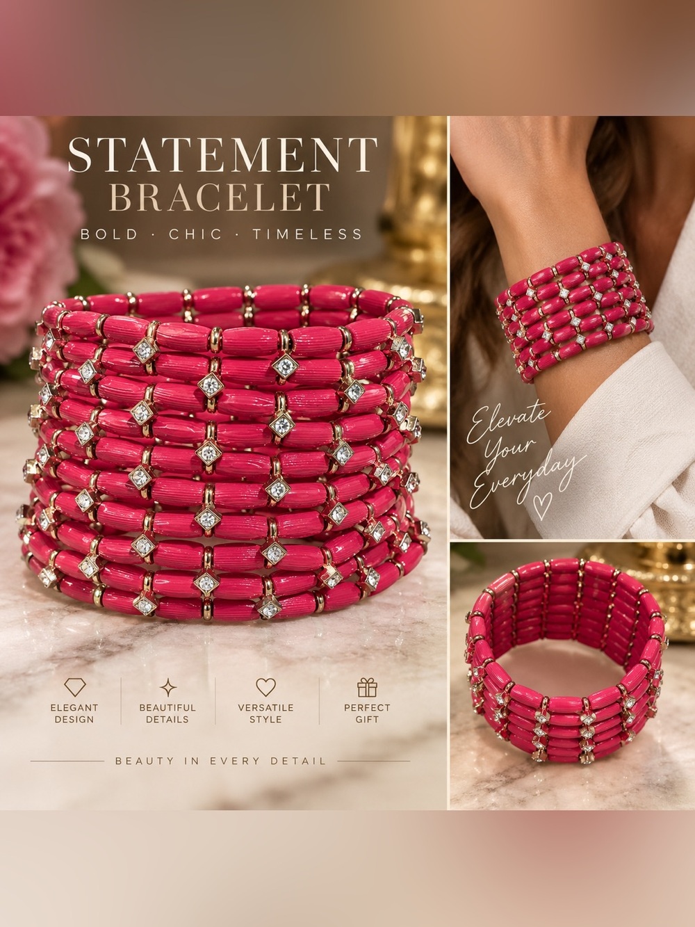 Bold Pink Statement Bracelet – Elegant Multi-Row (10) Stretch Cuff